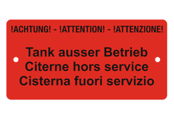 Hinweisschild Aluminium, 100 x 50 mm "Tank ausser Betrieb"