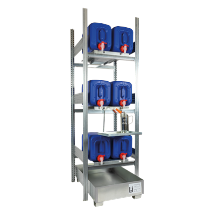 Kanisterregal 6 x 20 L auf 3 Ebenen, Auffangwanne à 68 L