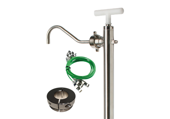 Pompe à piston inox antistatique, joints en PTFE et bec coudé