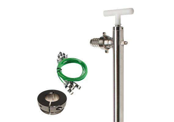 Pompe à piston inox antistatique, joints en PTFE et raccord tuyau DN20