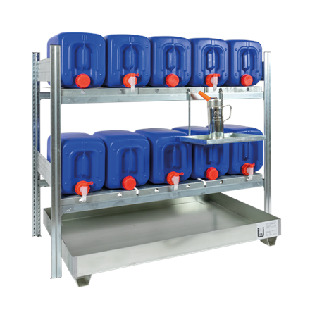 Rayonnage pour bidons 10 x 20 litres sur 2 niveaux, bac de rétention de 100 litres