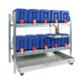 Rayonnage pour bidons 10 x 20 litres sur 2 niveaux, bac de rétention de 100 litres