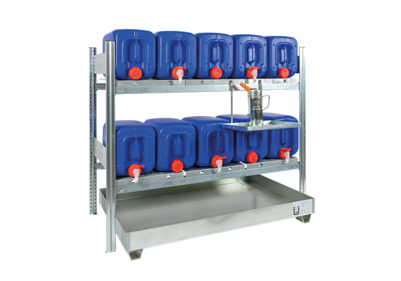 Rayonnage pour bidons 10 x 20 litres sur 2 niveaux, bac de rétention de 100 litres