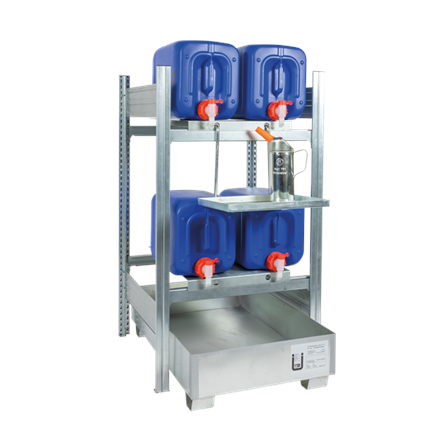 Rayonnage pour bidons 4 x 20 litres sur 2 niveaux, bac de rétention de 68 litres