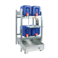 Rayonnage pour bidons 4 x 20 litres sur 2 niveaux, bac de rétention de 68 litres
