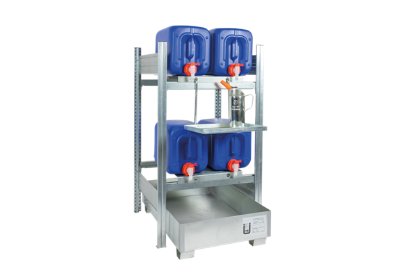 Rayonnage pour bidons 4 x 20 litres sur 2 niveaux, bac de rétention de 68 litres