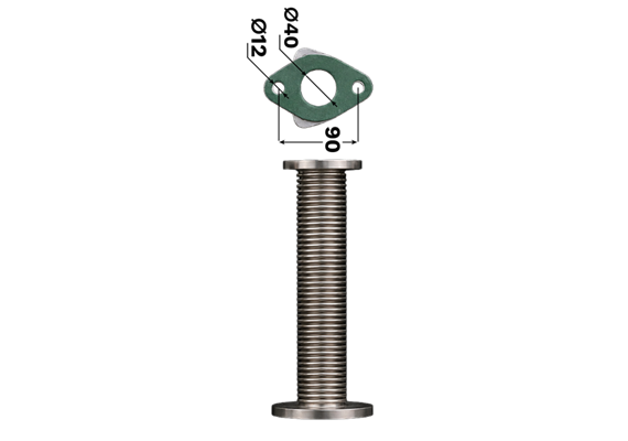 Tuyau ondulé 290 mm DN40, bride ovale entraxe des trous 90 mm x bride triangulaire DN40