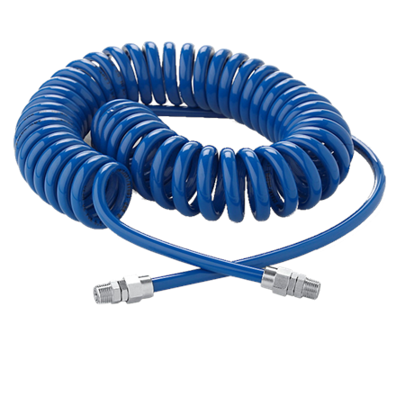 Tuyau spiralé PUR 5 x 8 mm, 2 m, raccords tournants 1/4" mâle